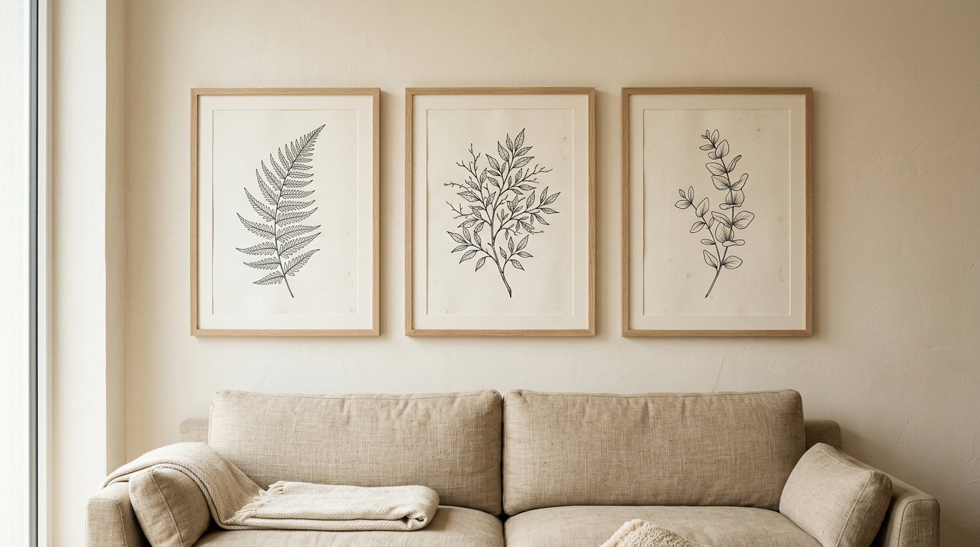 A beige couch sits below three framed botanical sketches featuring a fern, leafy branch, and eucalyptus stem.