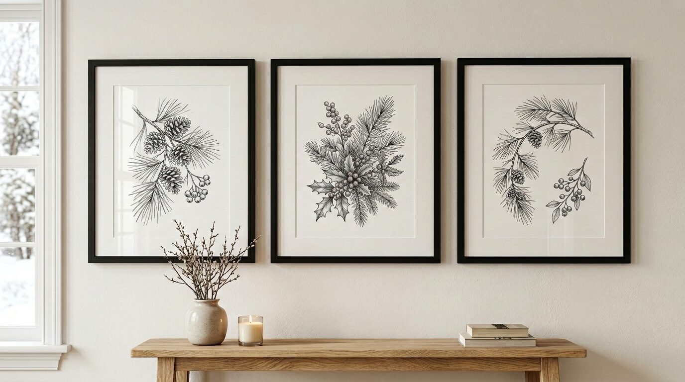 Three framed illustrations of pine cones and holly branches hanging above a wooden console table.