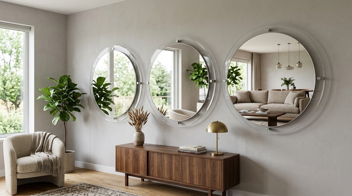 Three round mirrors with transparent frames mounted on a light grey living room wall above a walnut media console.