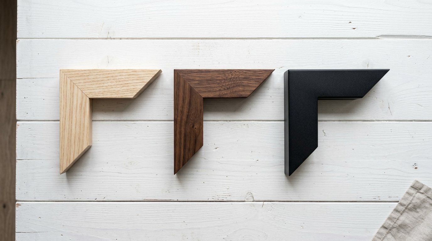 Three mitered corner frame pieces made of light oak, dark walnut, and matte black material on a white wood background.