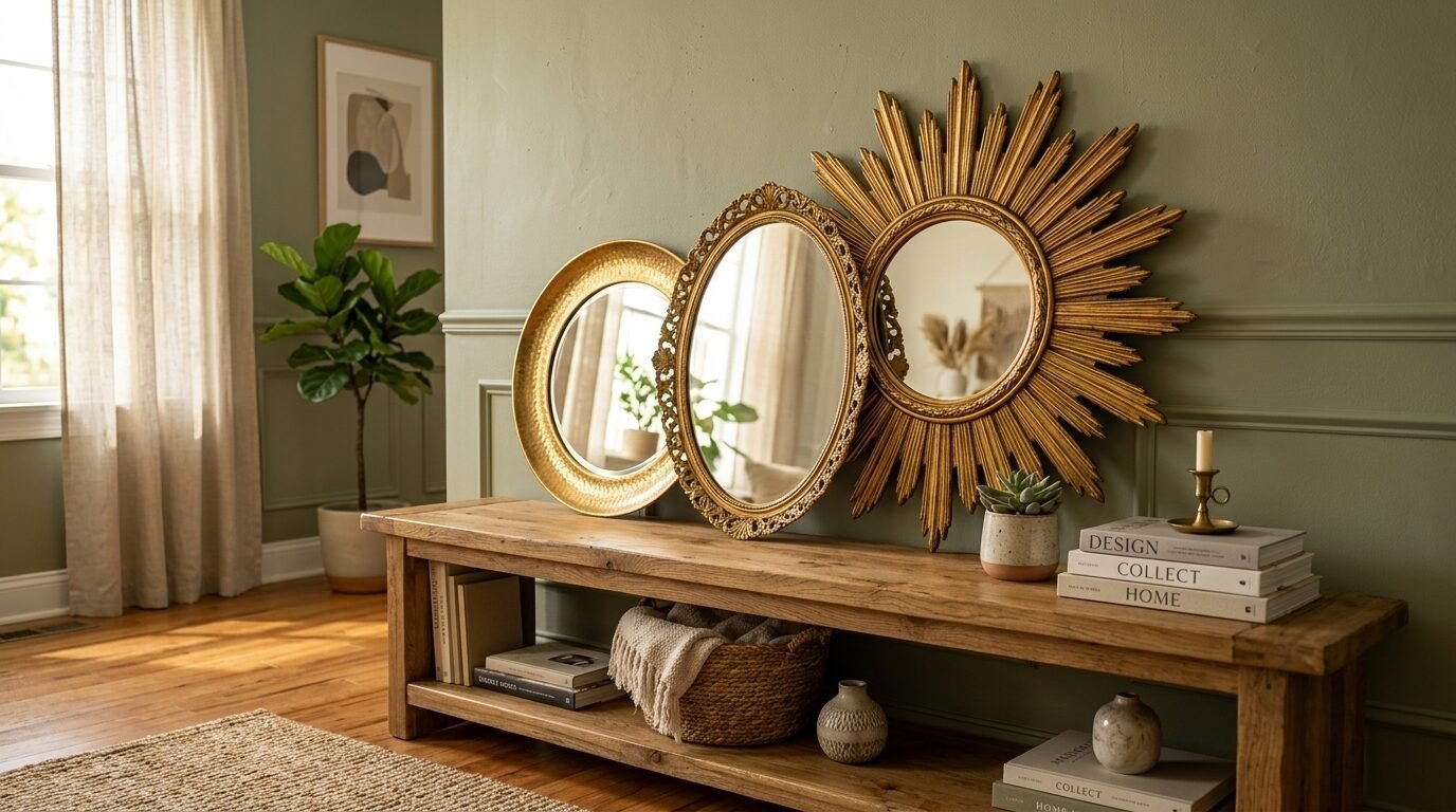 Round, oval, and sunburst gold mirrors arranged on a rustic wooden bench against a sage green wall.