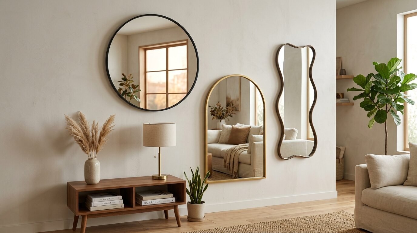 Round, arched, and organic shaped mirrors displayed on a light wall above a wooden console table.