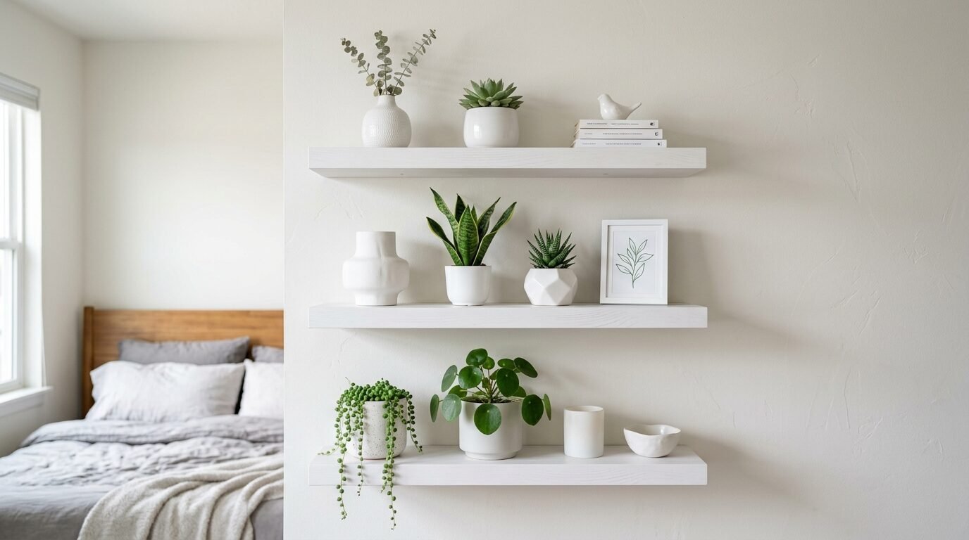 Three white wall shelves holding various potted succulents and decor pieces with a bed in the background.