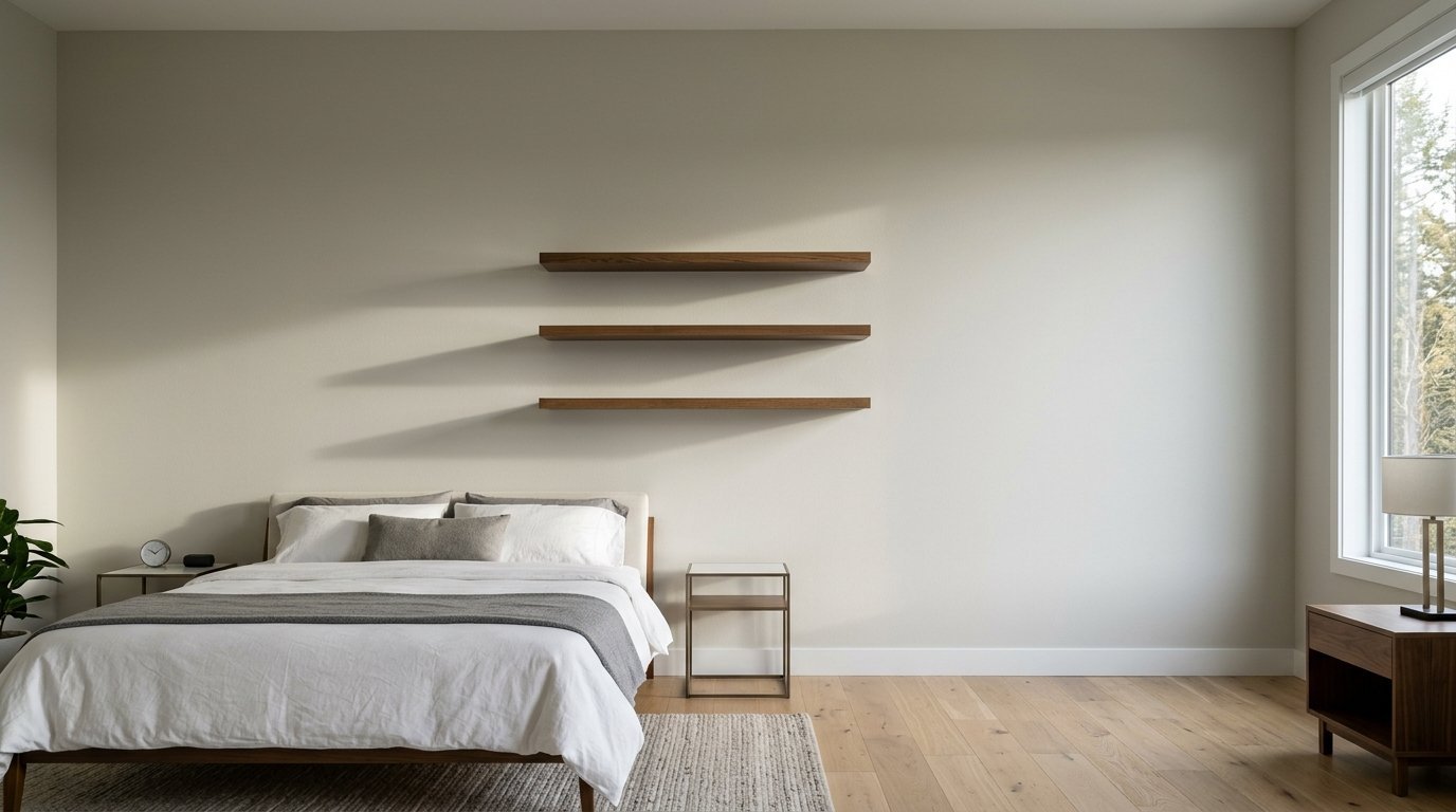 Modern bedroom with a white bed and three horizontal wood shelves mounted on a beige wall.