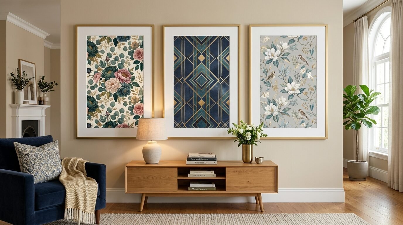 Triptych of framed floral and geometric wall art hanging above a wooden media console in a living room.