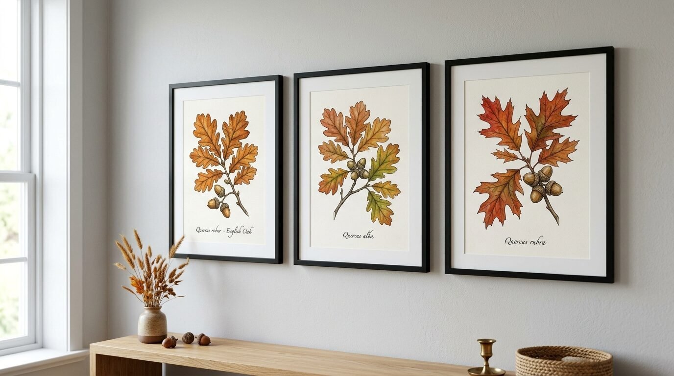 Wall art showing Quercus robur, Quercus alba, and Quercus rubra drawings in black frames above a wooden console.