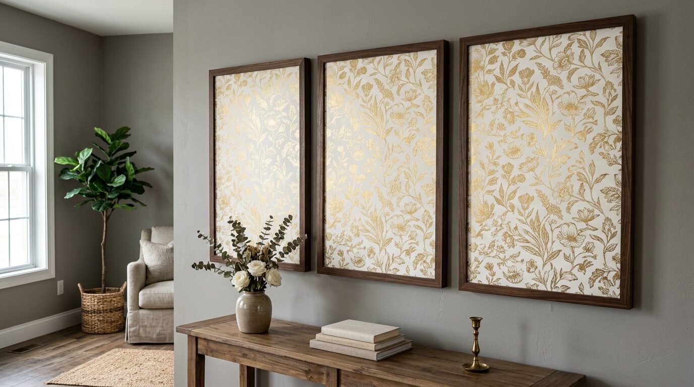 Three identical vertical framed prints featuring metallic gold floral illustrations on a white background.