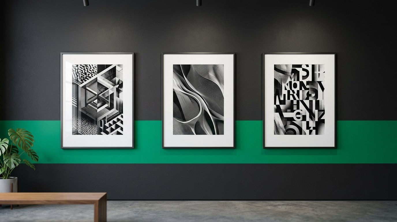 A trio of framed black and white abstract prints displayed in a row on a dark wall with a horizontal green stripe.