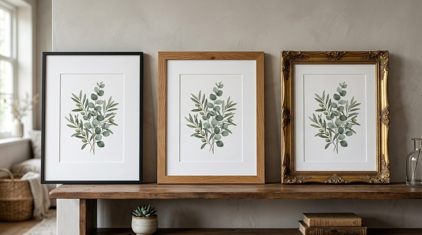 Black, wood, and ornate gold frames displaying matching olive branch illustrations on a rustic wooden shelf.