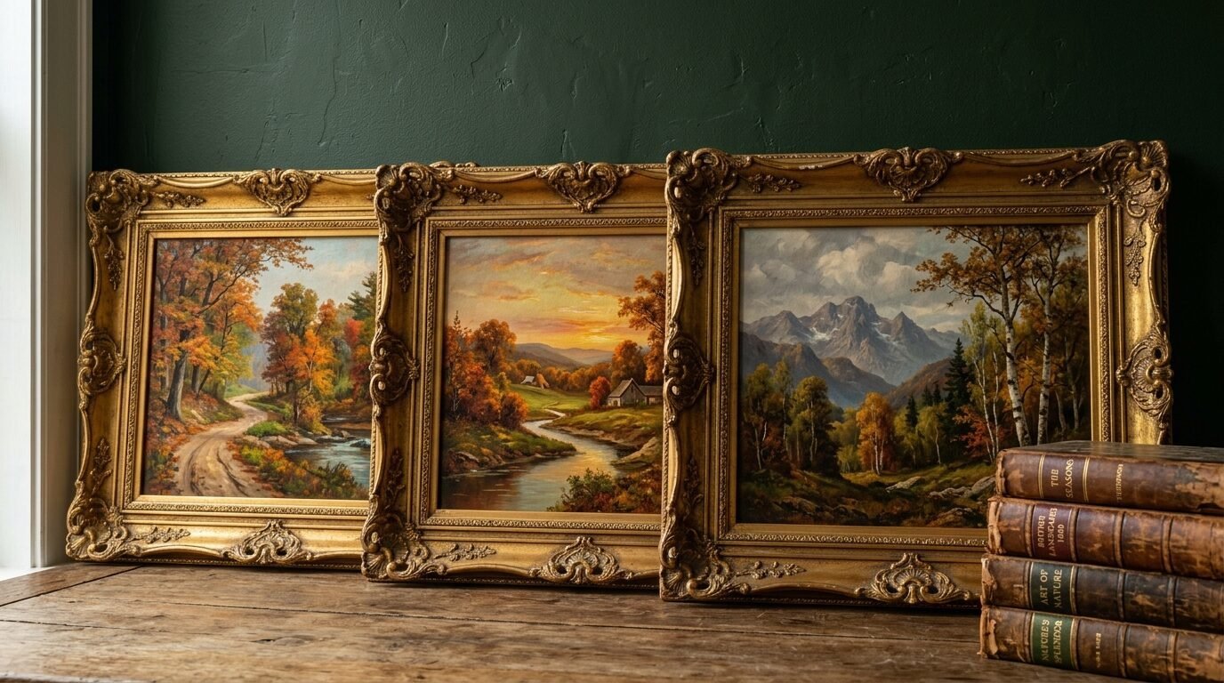 A trio of antique landscape paintings in decorative gold frames resting on a wooden table beside old leather books.