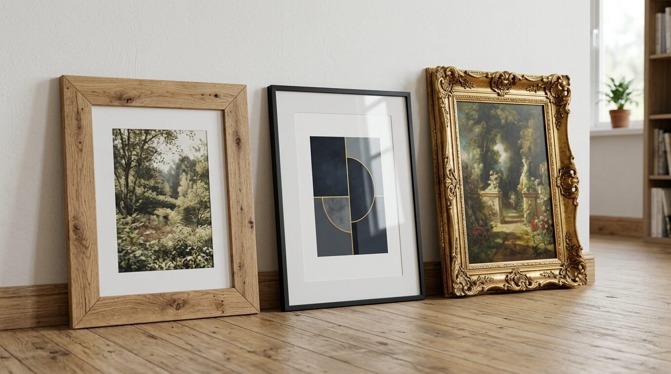 Three framed pictures including a landscape, abstract geometry, and a classical oil painting on a wooden floor.