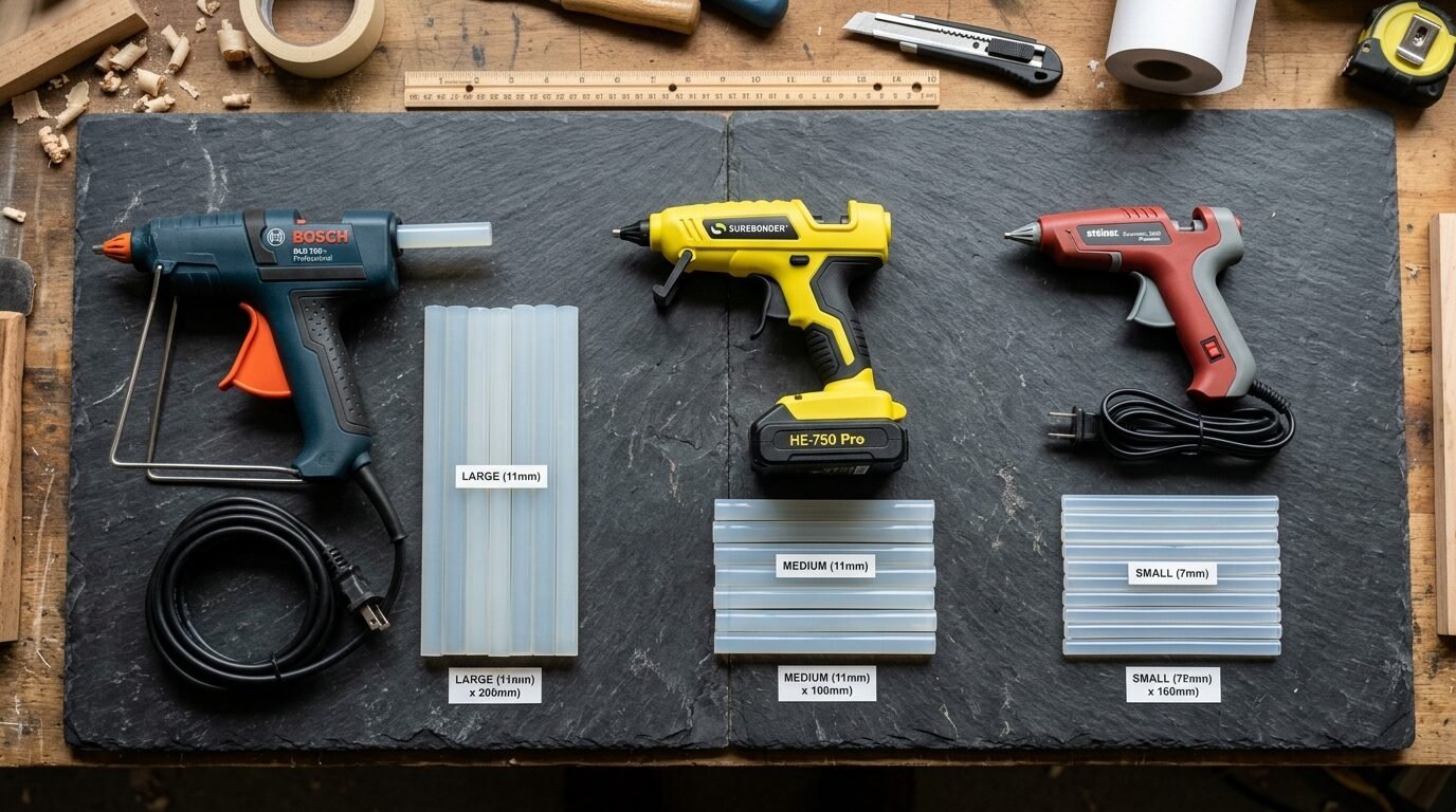 Top-down view of three different hot glue guns with labeled large, medium, and small glue sticks on a stone surface.