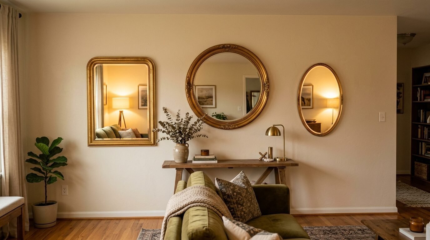An olive green sofa in front of a console table with three decorative gold mirrors hanging on a beige wall.