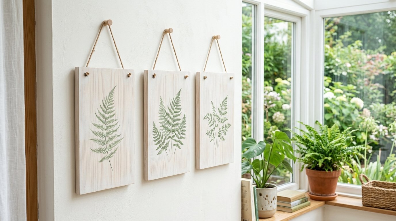 Decorative hanging boards with fern prints on a white wall near a sunlit garden window.