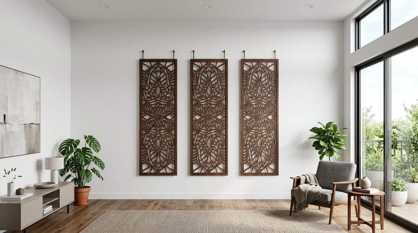 A set of three intricate laser-cut brown wood rectangular wall art pieces in a minimalist living room setting.
