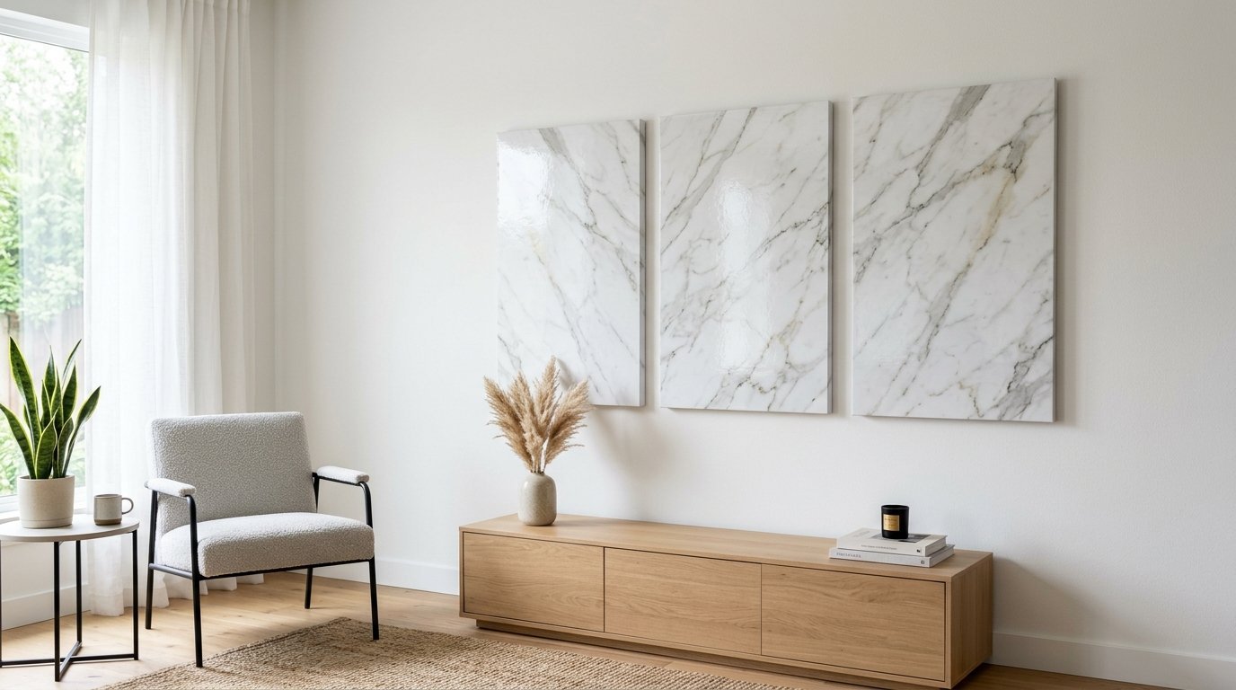 Three vertical marble-print canvases hanging on a white wall above a wooden media console.