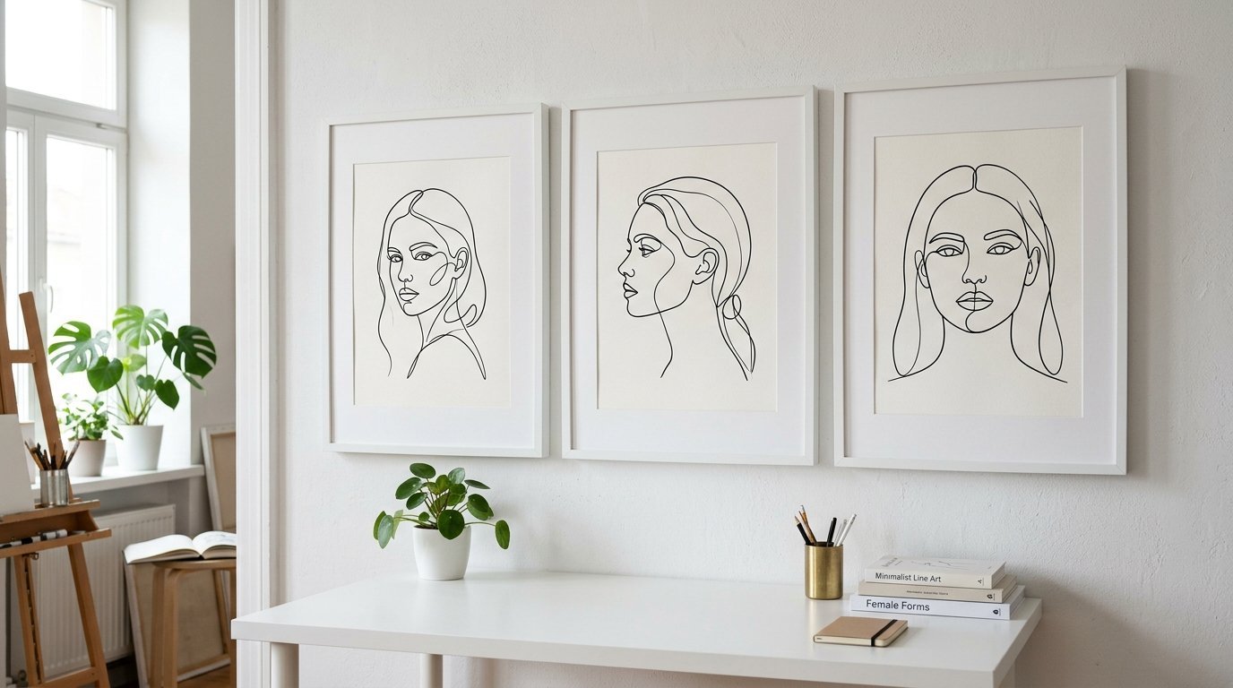 Three white framed line art drawings of women hanging on a white wall above a modern desk.