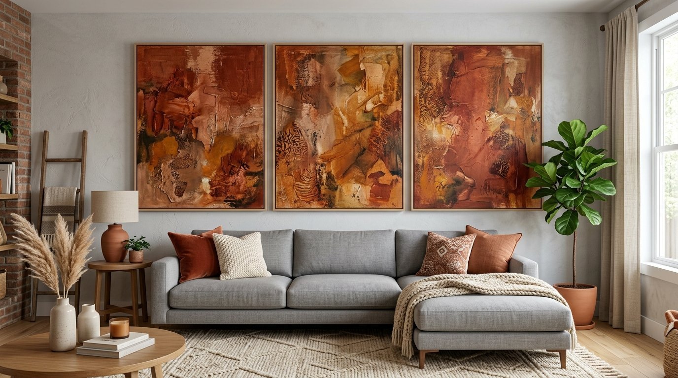 Living room with a grey sofa, earthy abstract wall art, and a fiddle leaf fig plant.
