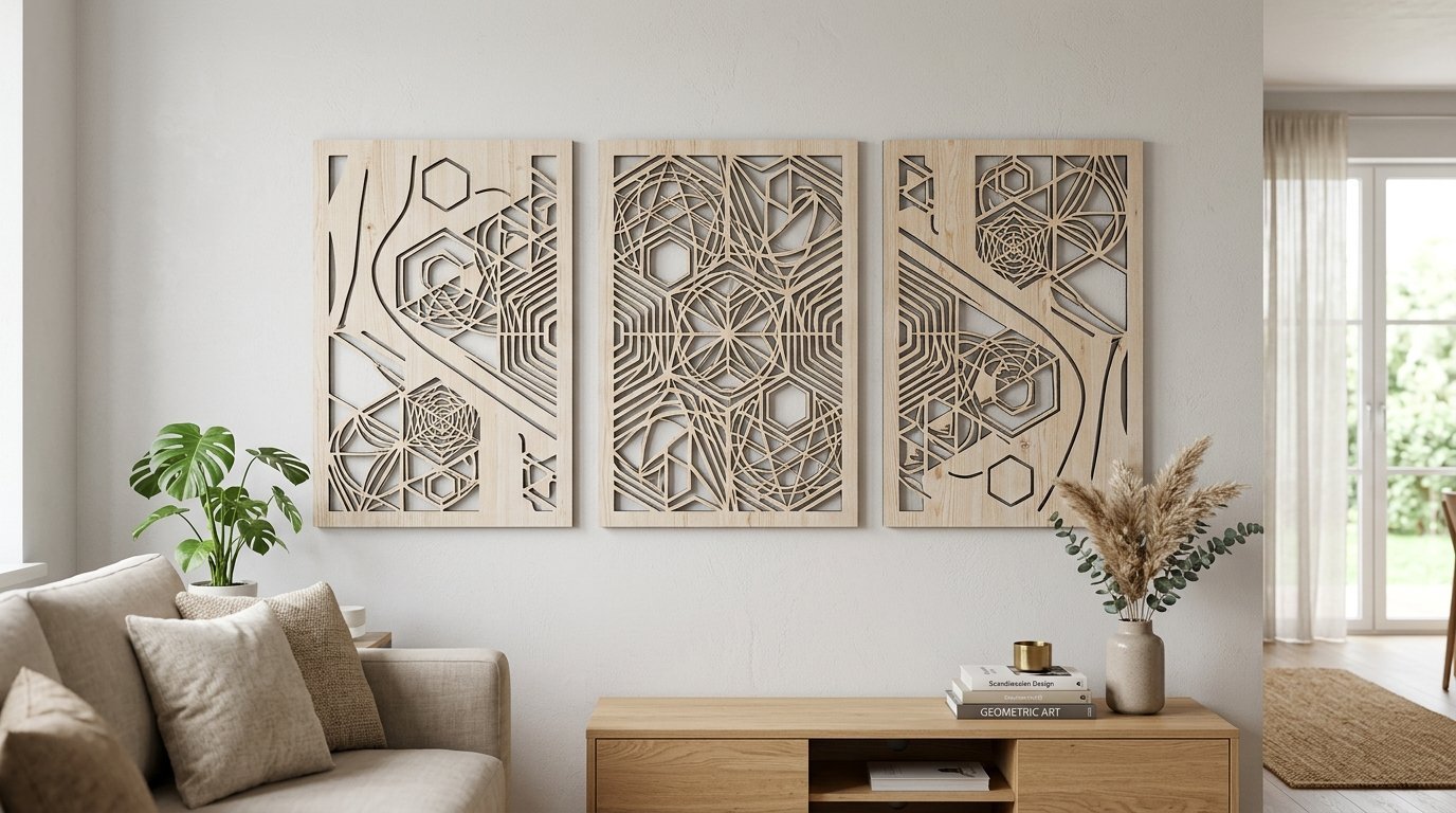 Three vertical wooden wall panels with geometric cutouts hanging above a light oak console table in a living room.