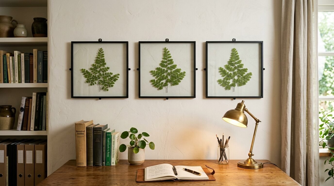 Three square black frames containing pressed green fern leaves hanging on a white textured wall.