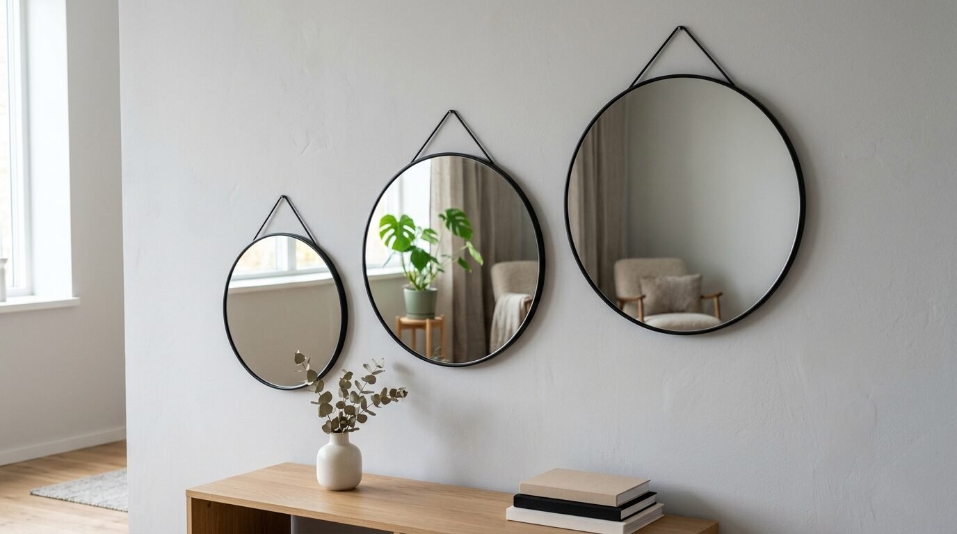 Three varying sizes of round mirrors with black frames arranged on a light grey living room wall.