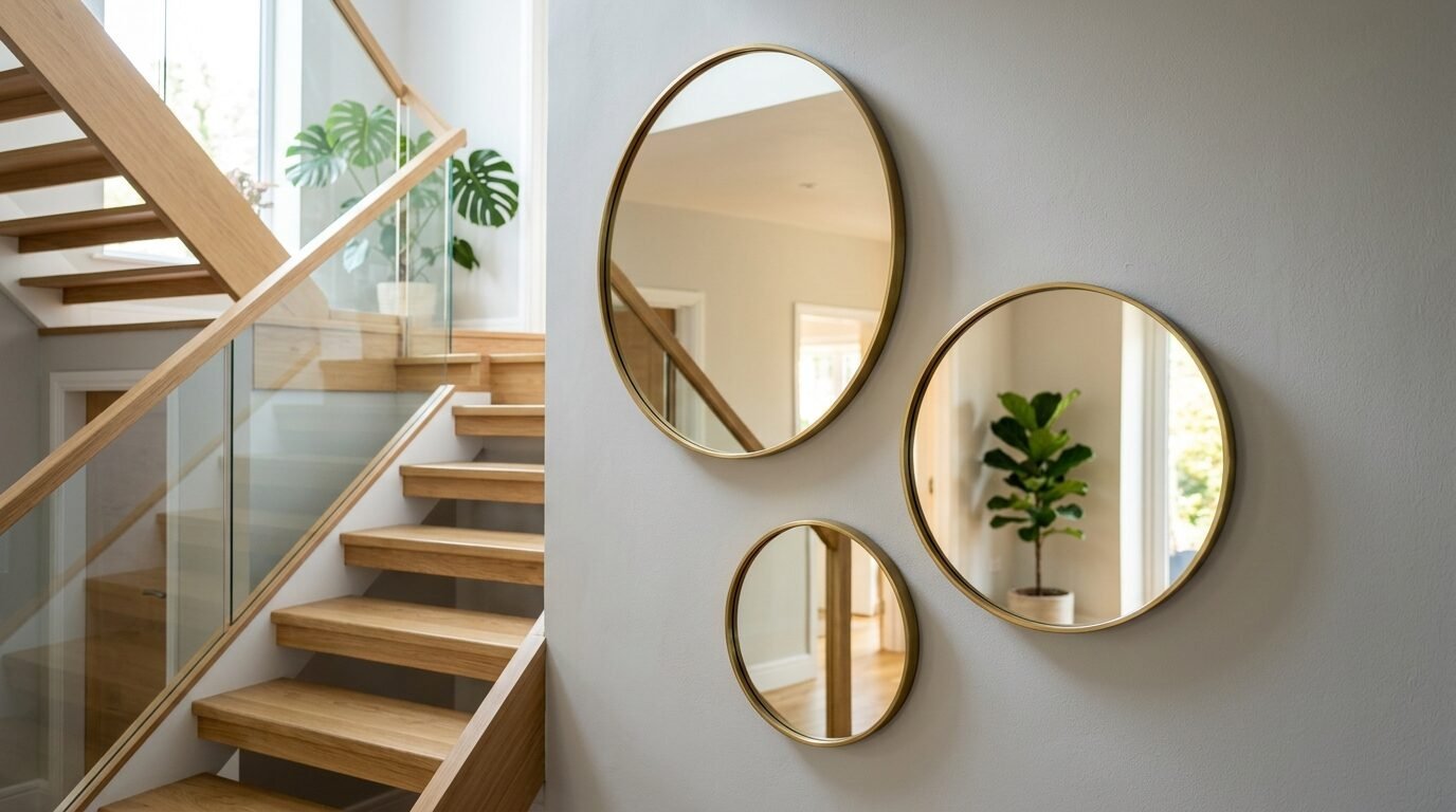 A gallery wall arrangement featuring three circular mirrors with gold frames next to a floating wood staircase.