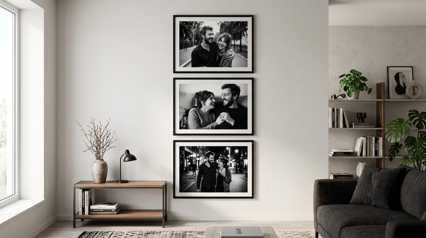 Three framed monochrome portrait photographs stacked vertically on a living room wall above a wooden console table.