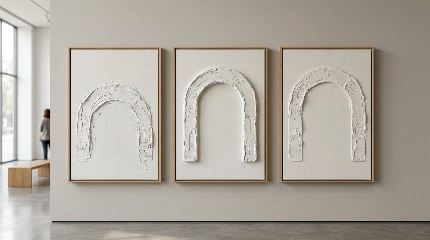 Three framed canvases with white impasto arch designs hanging on a beige wall in a gallery space.