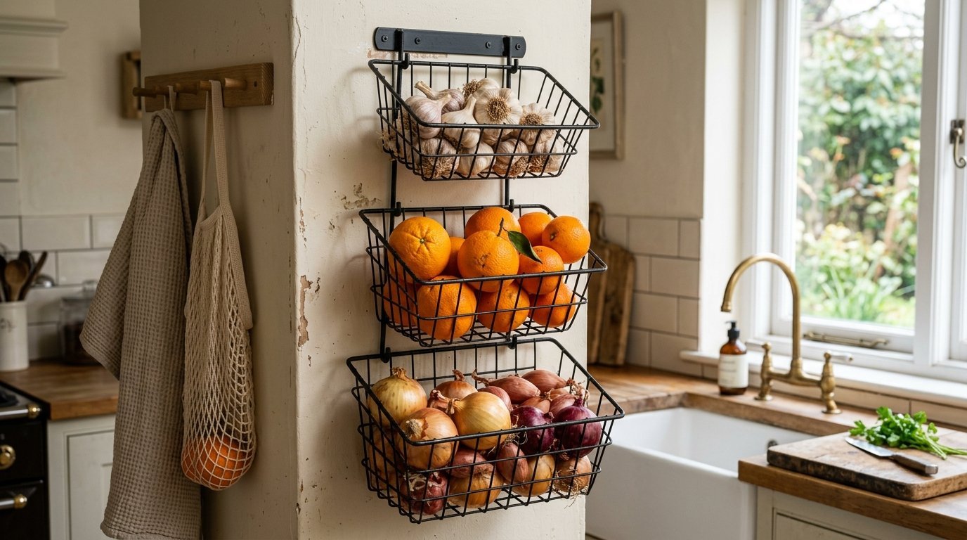 Stacked wire baskets on a kitchen pillar holding garlic, oranges, onions, and shallots.