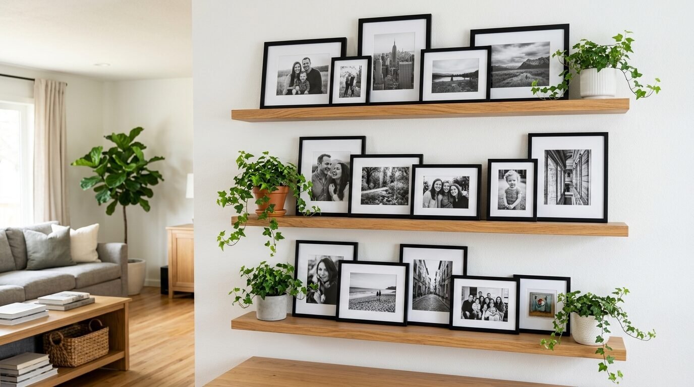 Three wood floating shelves displaying black and white photos in black frames with trailing green ivy plants.