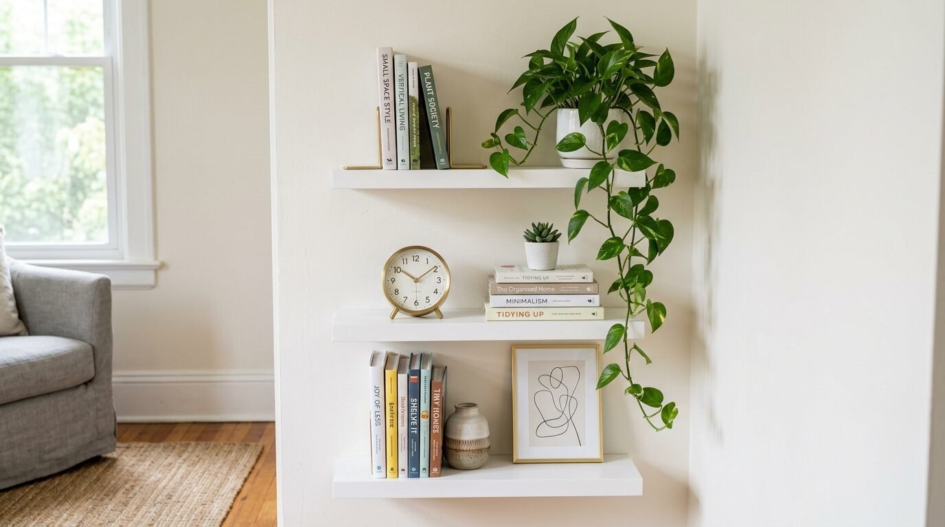 Three white floating wall shelves decorated with a pothos plant, books, a gold clock, and line art in a frame.