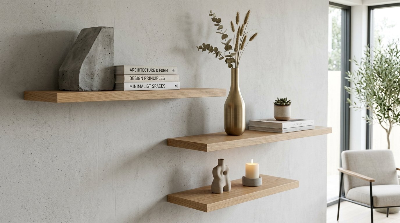 Floating wooden shelves on a textured wall holding books, a gold vase, a candle, and art sculptures.