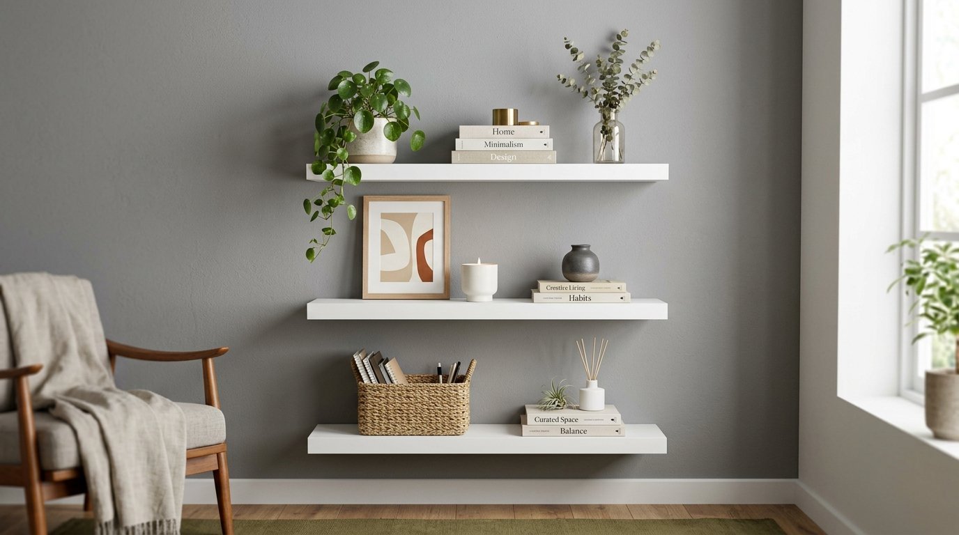 Three stacked white wall shelves decorated with a trailing plant, art frame, candle, woven basket, and books.