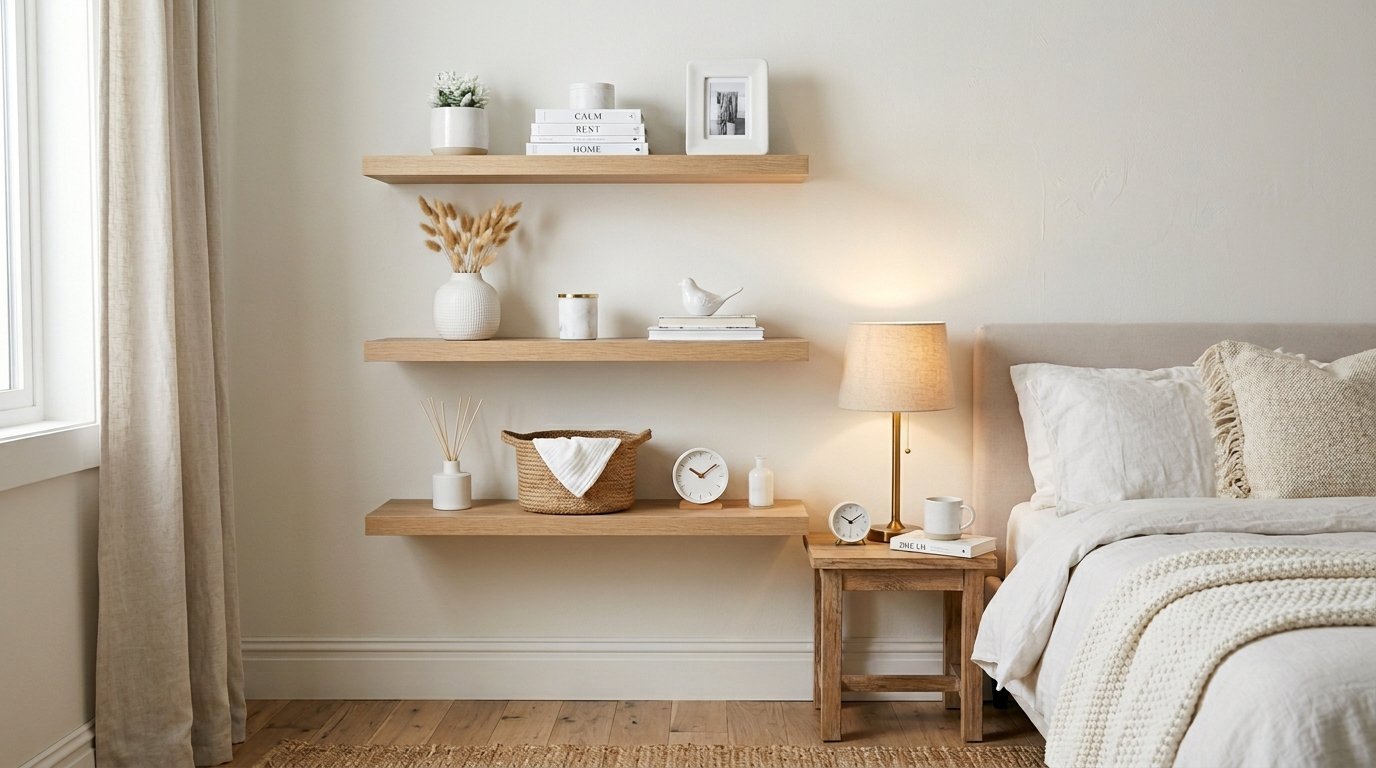Three horizontal wood shelves mounted on a white wall above a bedside table with decor and a bed.