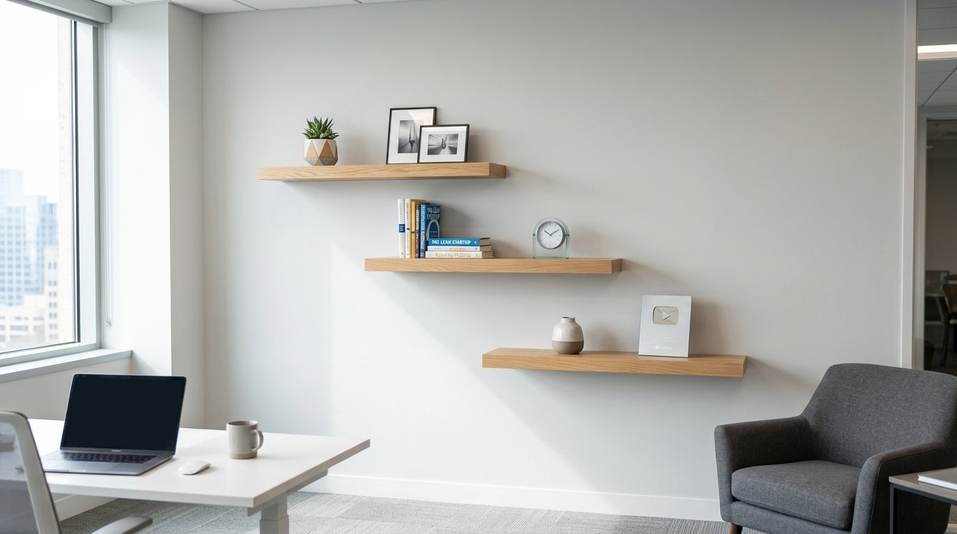 Decorative wood shelves holding books, a clock, a vase, and a YouTube award in a bright, professional workspace.