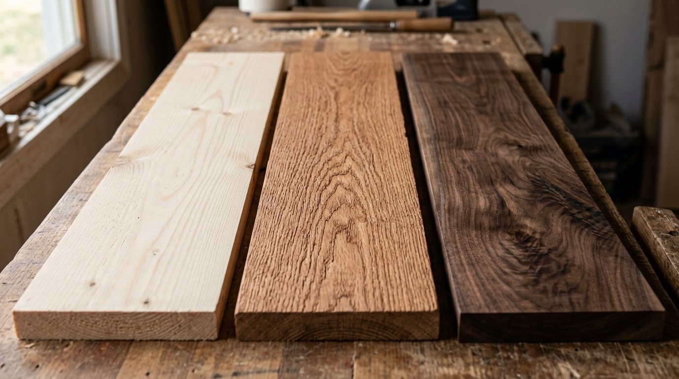 Light pine, textured oak, and dark walnut planks lined up on a wooden craft table.