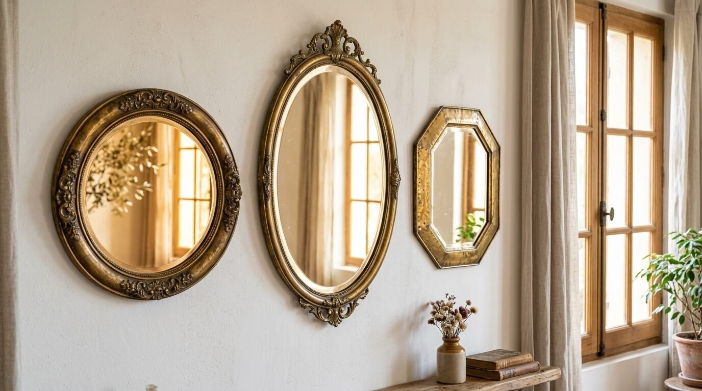 Round, oval, and octagonal gold framed mirrors hang above a wooden console table with a dried flower vase.