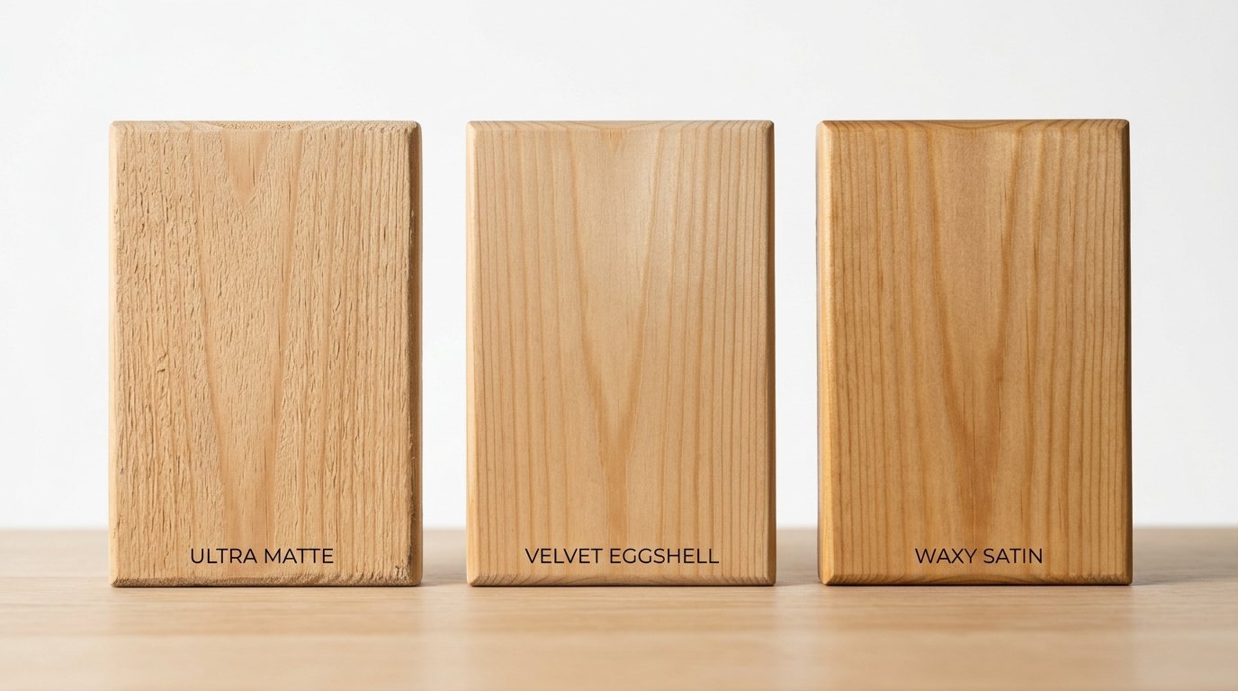 Three vertical wooden planks labeled ultra matte, velvet eggshell, and waxy satin arranged in a row.