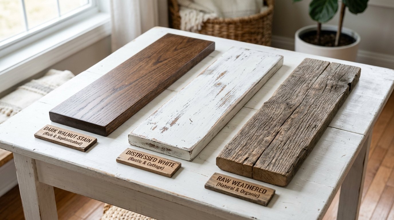 Comparison of dark walnut, distressed white, and raw weathered wood boards with labels on a painted wooden table.