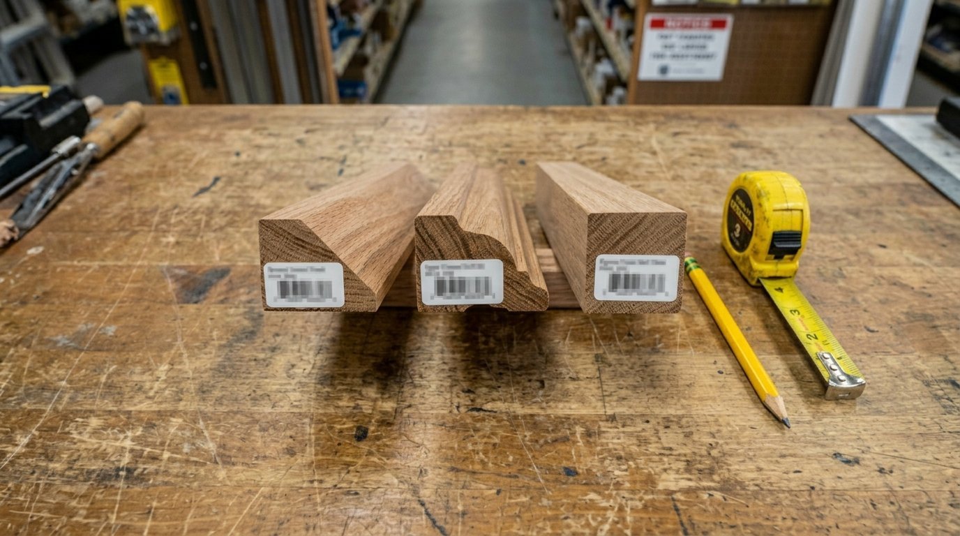 Three pieces of hardwood molding with different profile cuts sitting next to a yellow tape measure and pencil.