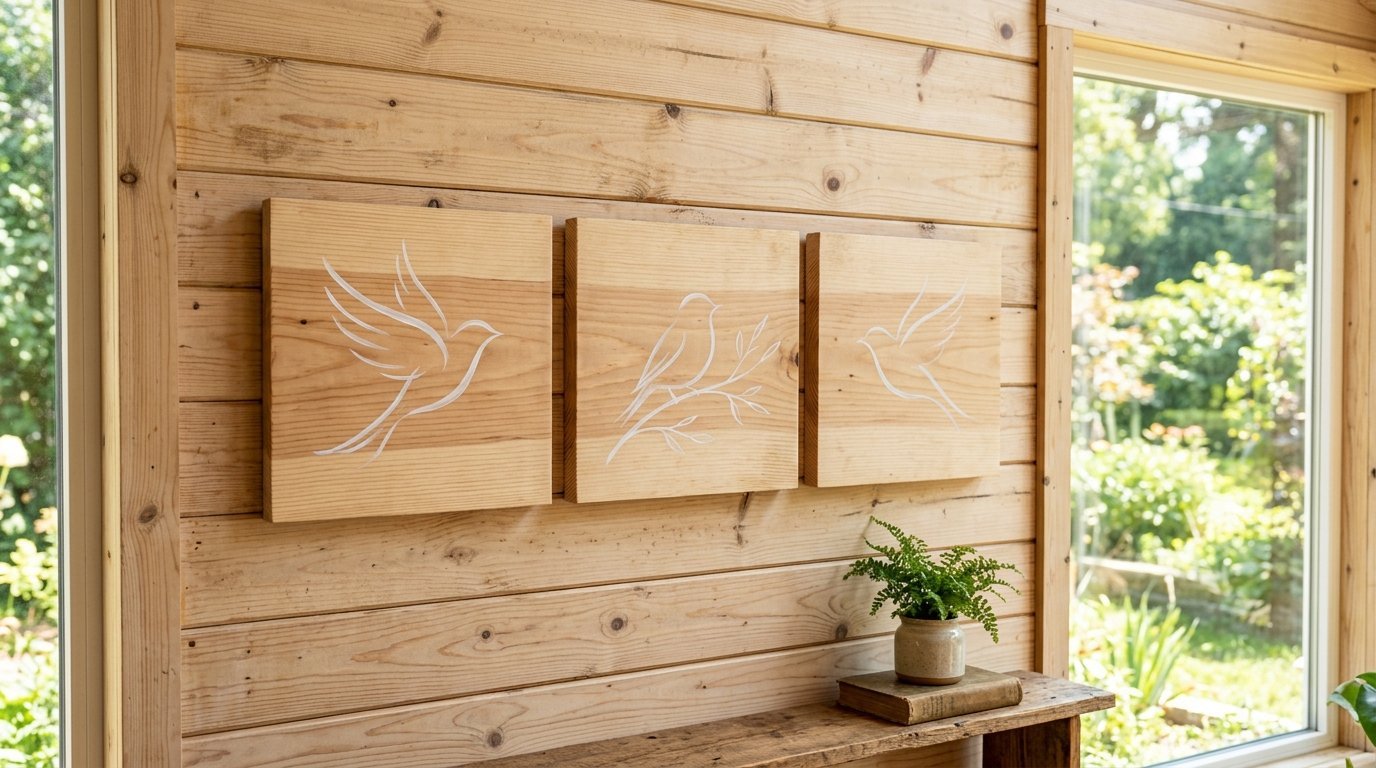 Set of three square wooden boards with white line drawings of birds displayed on a pine plank wall.