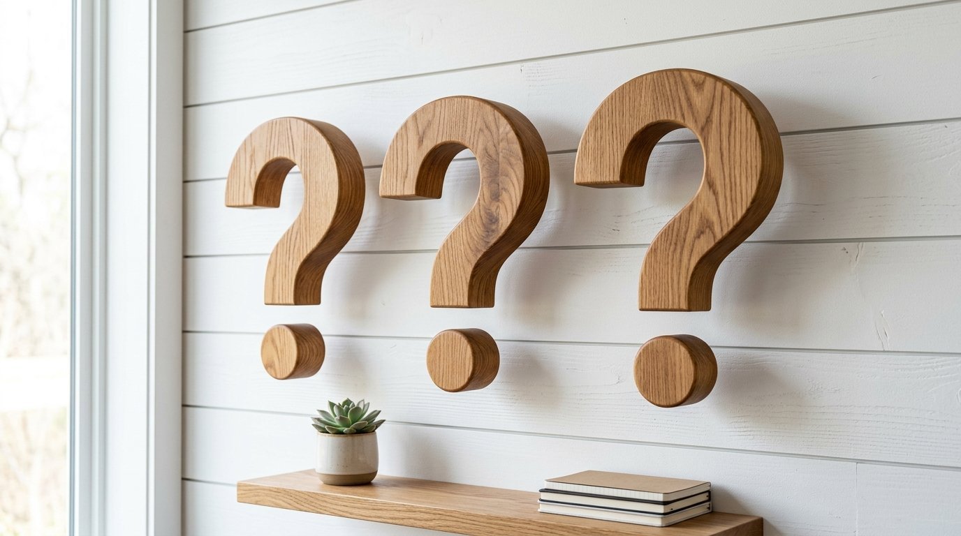 Decorative wood question mark symbols mounted above a small floating shelf with a succulent and notebooks.