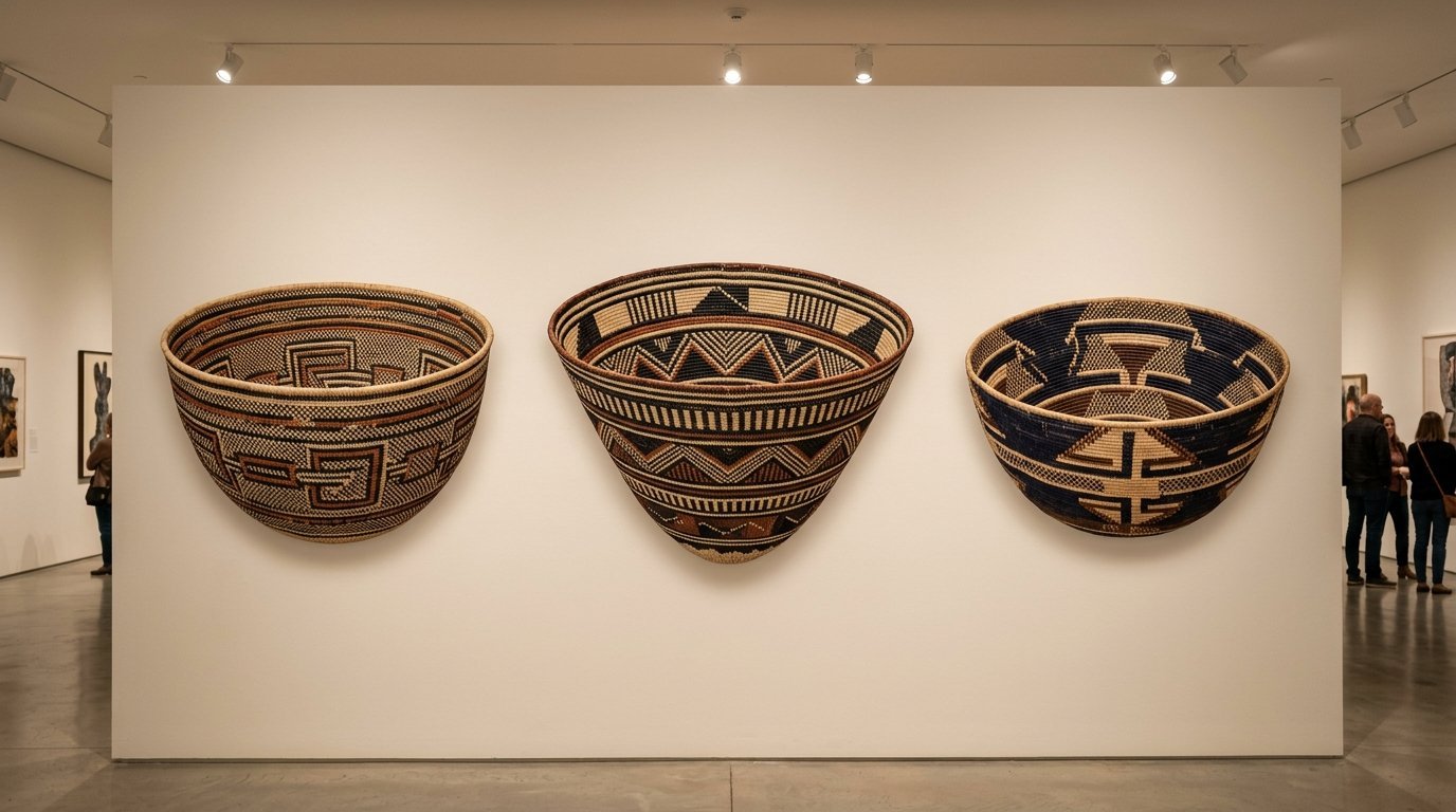 Three large, ornate hand-woven baskets with geometric patterns mounted on a white wall in an art museum.