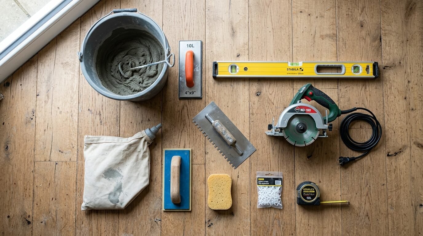 Top-down view of tile installation gear including a wet bucket, circular saw, level, grout float, and spacers.