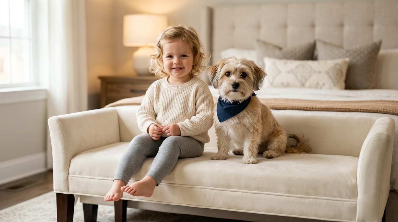 Young curly-haired child in a beige sweater and grey leggings posing on a cream bedroom bench beside a small dog.