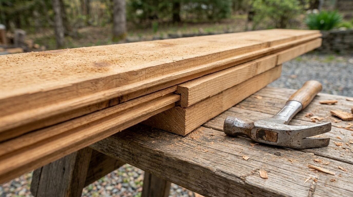 Close up view of cedar lumber boards with tongue and groove edges sitting on a workbench next to a claw hammer.