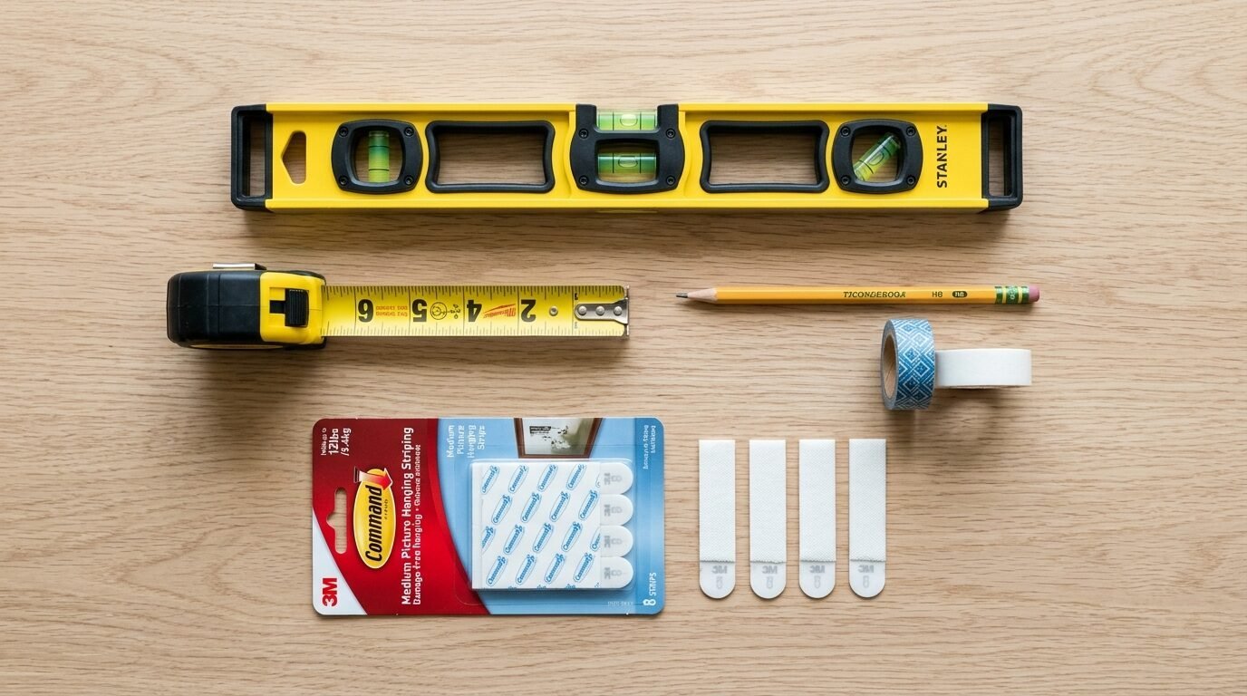 A level, tape measure, pencil, rolls of tape, and adhesive picture hanging strips laid out on a light wood surface.