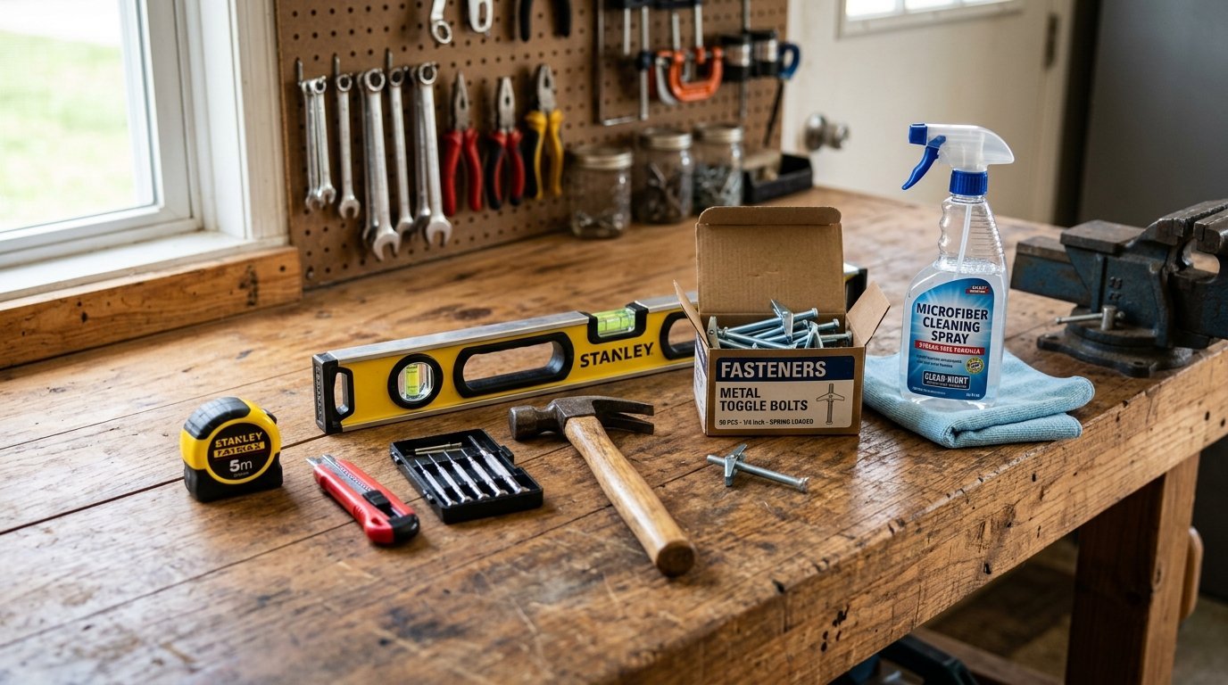 Measuring tape, level, hammer, and toggle bolts arranged on a rustic wooden workshop table.