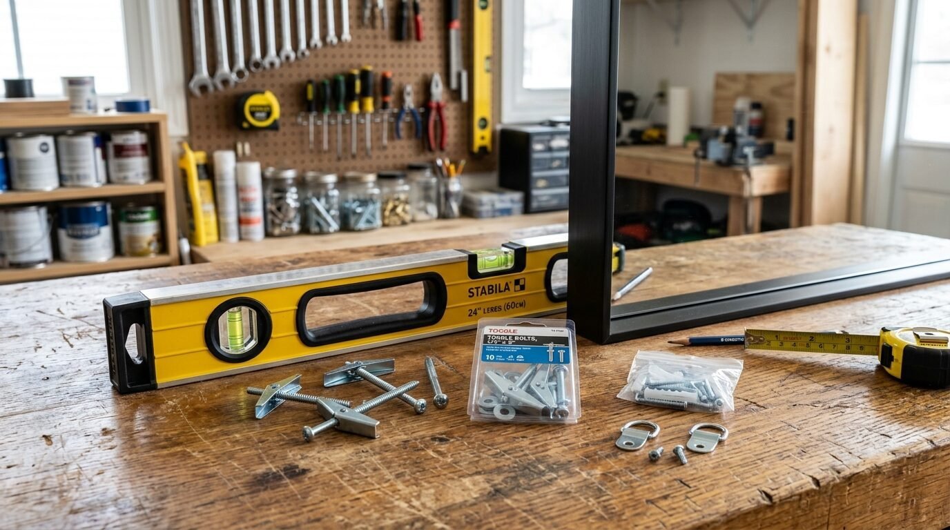 Yellow Stabila level, toggle bolts, and D-ring hangers on a wooden workshop table for a DIY installation project.