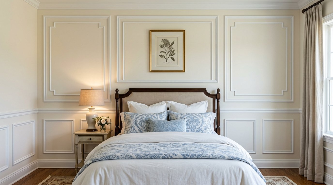 A bedroom with cream wainscoting, wooden headboard, and blue patterned pillows on a white duvet.